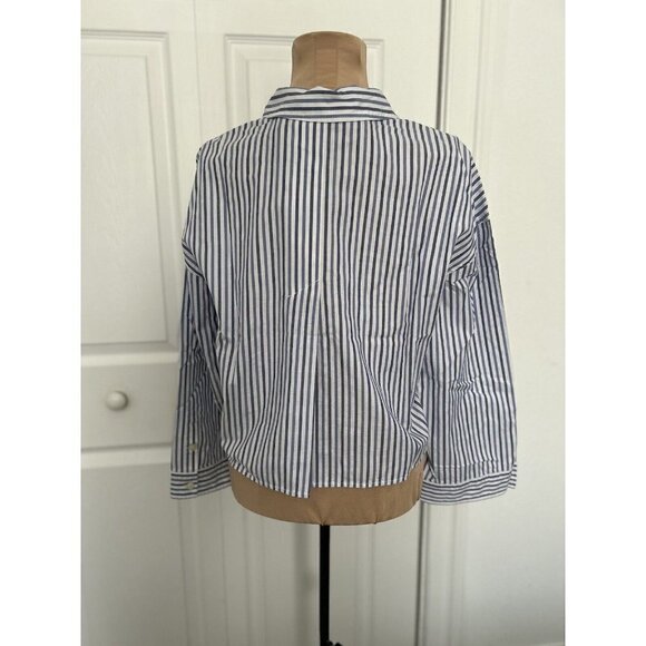 Everlane Long Sleeve Cotton Poplin Crop PJ Top blouse Blue Stripes - Picture 4 of 12